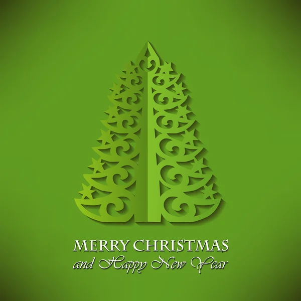 Elegantní vánoční strom (řez papíru) na zeleném pozadí — Stockový vektor