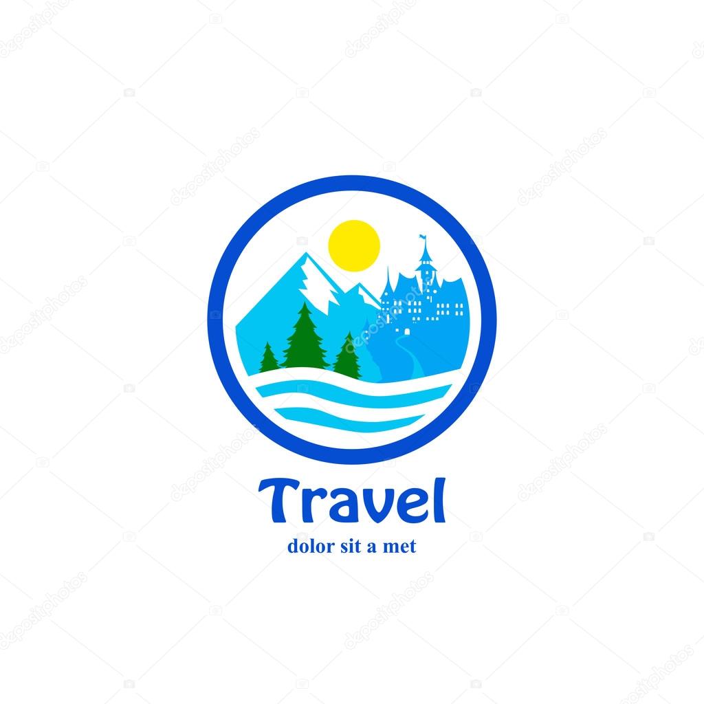 Travel vector logo design template. Circle shape creative concept. Ocean Sea Waves, Sun shine, mountains, Castle.Tourism icon.