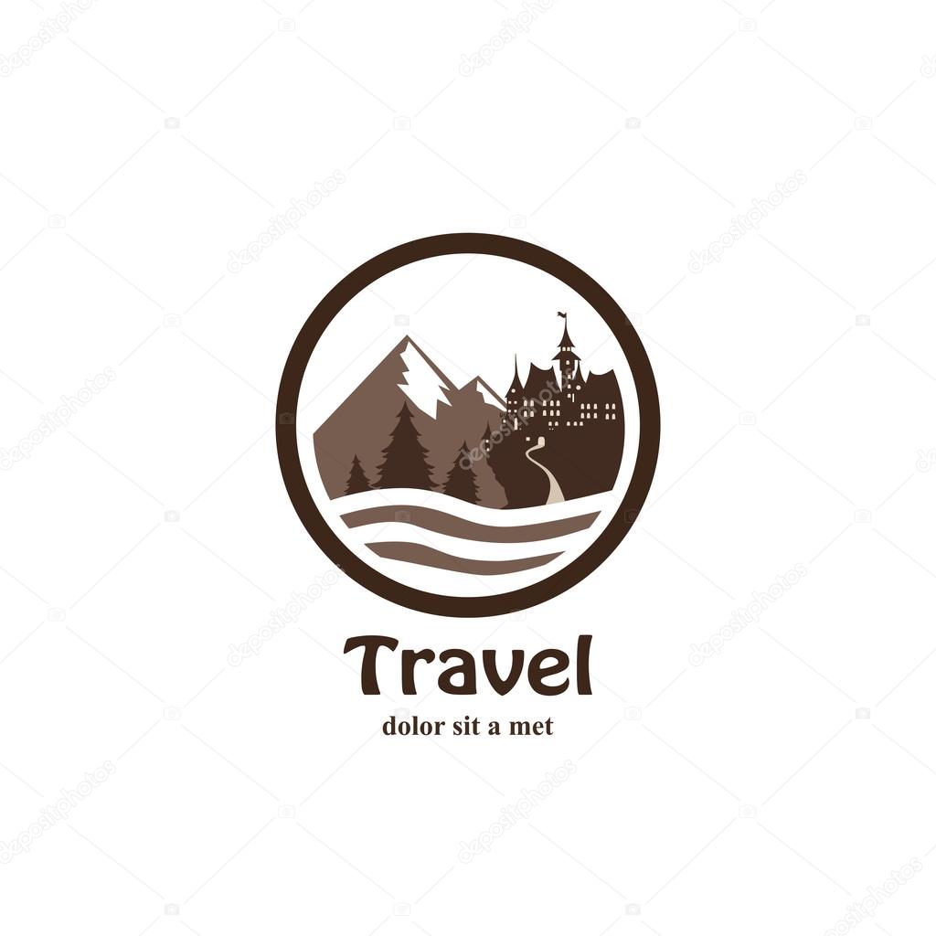 Travel vector logo design template. Circle shape creative concept. Ocean Sea Waves, Sun shine, mountains, Castle.Tourism icon.