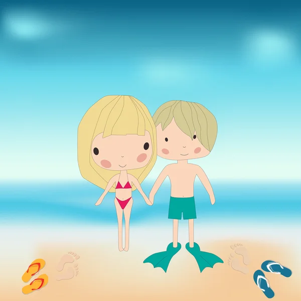 Αγόρι και ένα κορίτσι, κρατώντας τα χέρια στην παραλία — Διανυσματικό Αρχείο