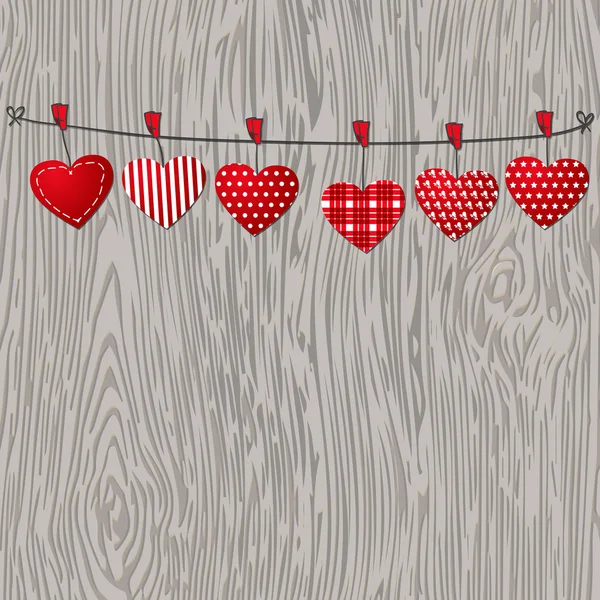Amour Valentines coeurs suspendus sur fond de bois texture . — Image vectorielle