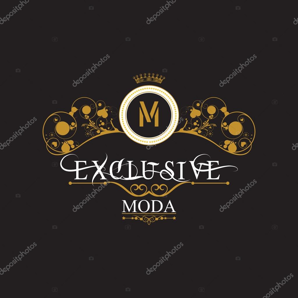 Vintage gold antique frame on black. EXCLUSIVE MODA. Logo expensive and exclusive