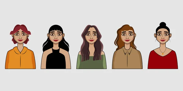 Conjunto Cinco Retratos Bonitos Com Diferentes Detalhes Estilo Personagem Feminina —  Vetores de Stock