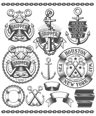 Marine emblem with anchors. Tattoos with anchors, chains, in vintage style clipart