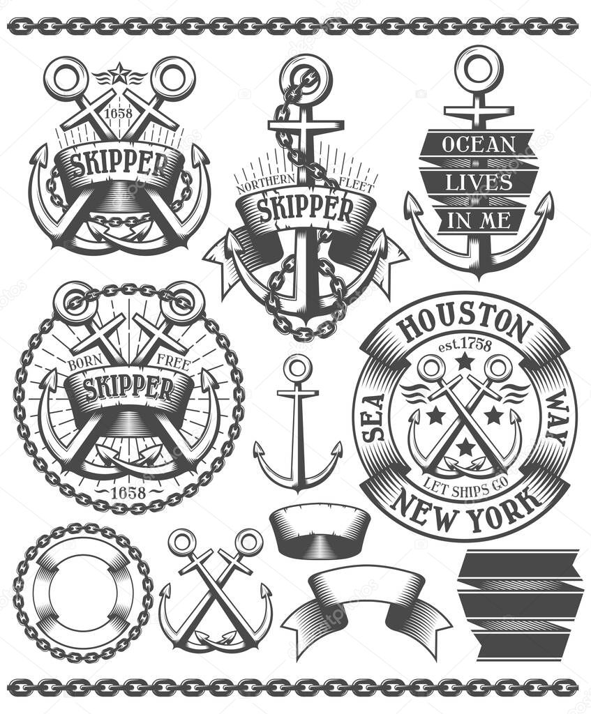 Marine emblem with anchors. Tattoos with anchors, chains, in vintage style