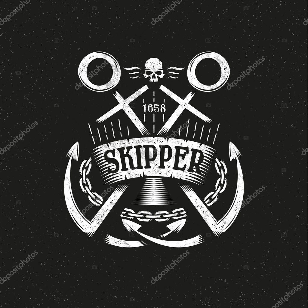 Marine grunge logo with two crossed anchors, ribbon and chain on a dark background. Textures, text and background on separate layers.