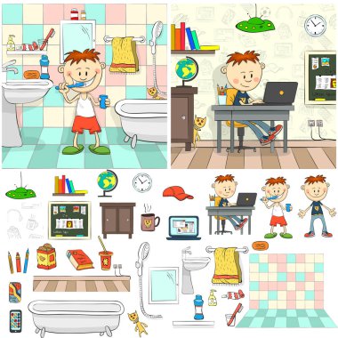 . Banyo içi. Dizüstü bilgisayarı olan bir odada çocuk