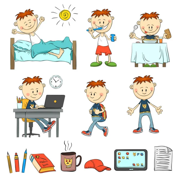 Boy during the day. What does an ordinary schoolboy. — Stock Vector