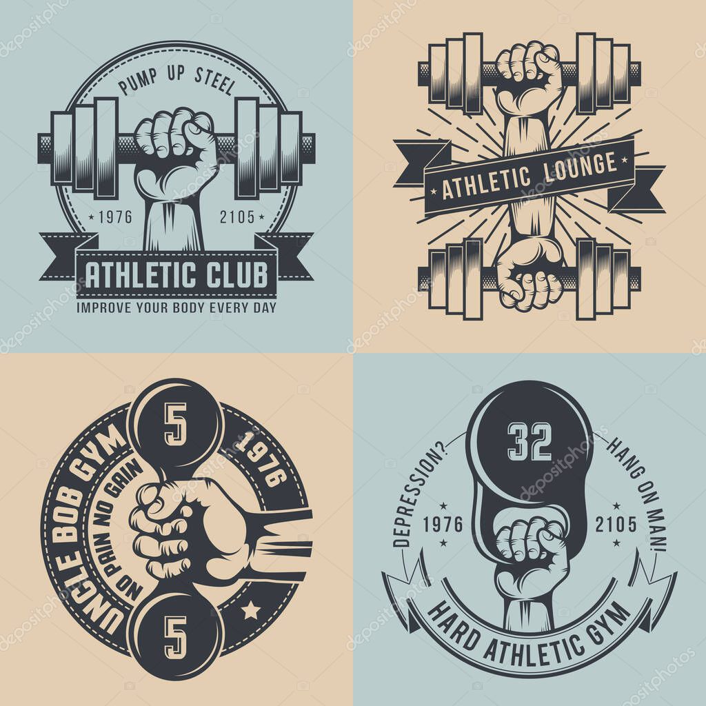 Gym logo in vintage style. Hand with dumbbell, hand with kettlebell - hard athletic logos. Crossfit logo