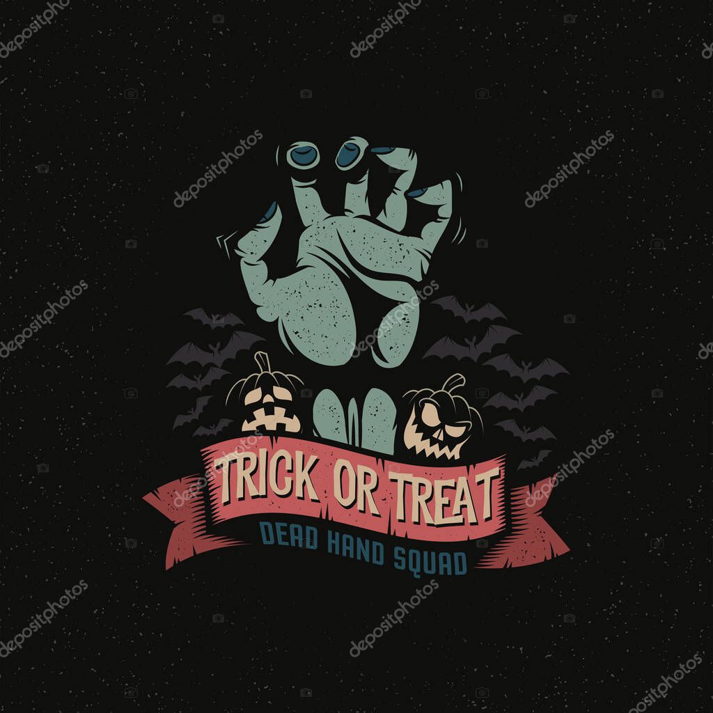 Dead Man Hand with a Halloween pumpkin, ribbon and bats. Trick or treat logo October 31. Vector illustration. A layered.