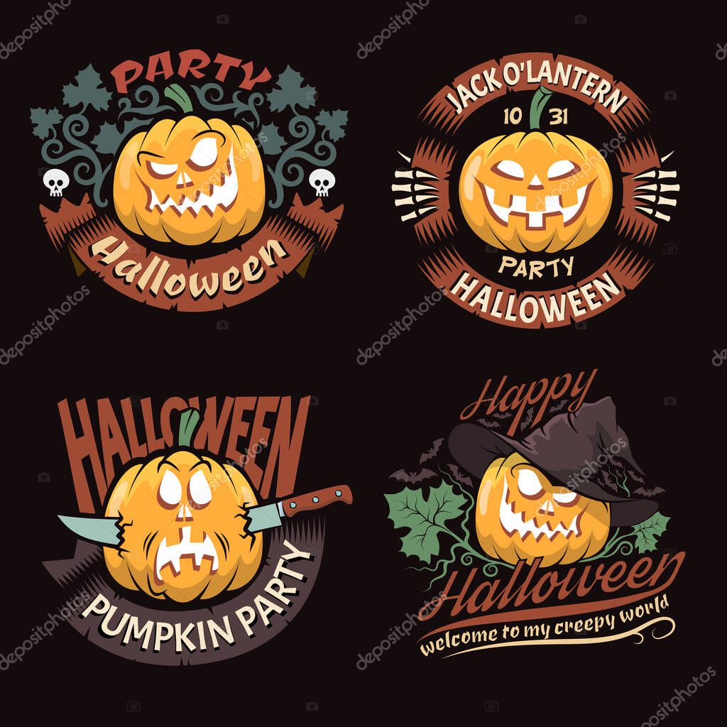 4 Halloween logo with pumpkins on a dark background in retro style.