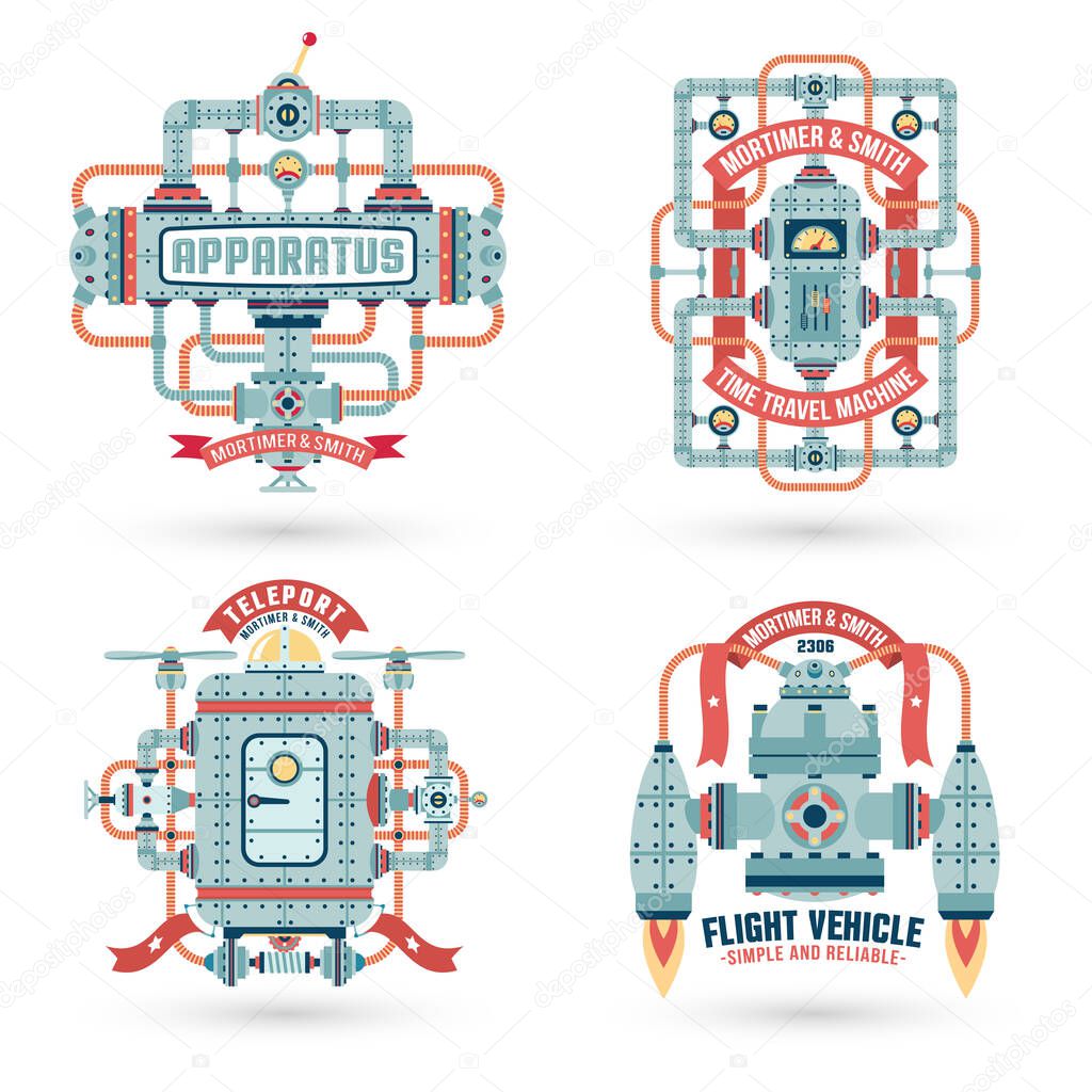 Steampunk logos. Steampunk machinery, machines, assemblies. Intricate engineering devices. Text on a separate layer.