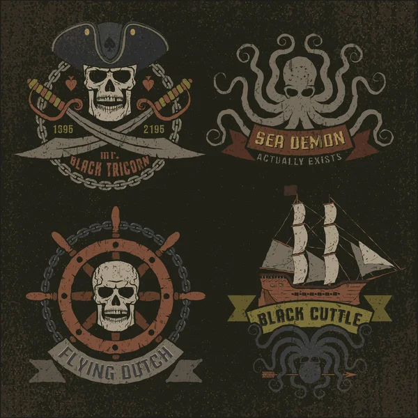 Pirat logotyp i retrostil med grunge konsistens på en mörk bakgrund — Stock vektor