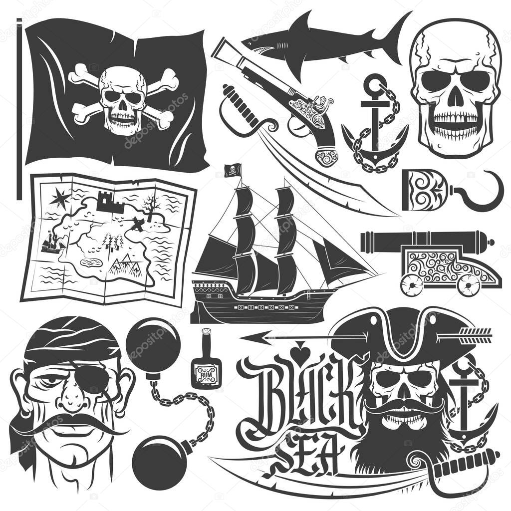 Pirate set for logos. Blackbeard. Logo with skull. Pirate Captain. Skull with a beard.