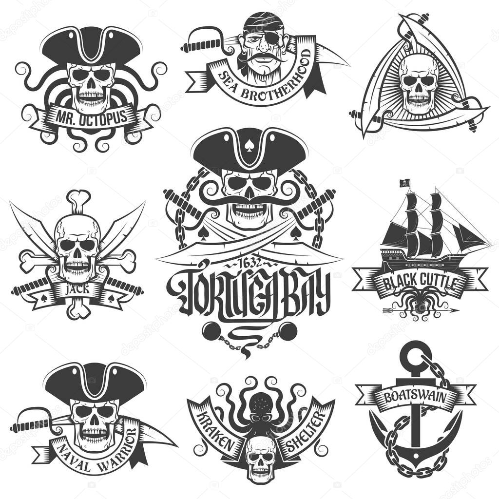 Corsair logo set in vintage style. Tattoos with pirate skulls.
