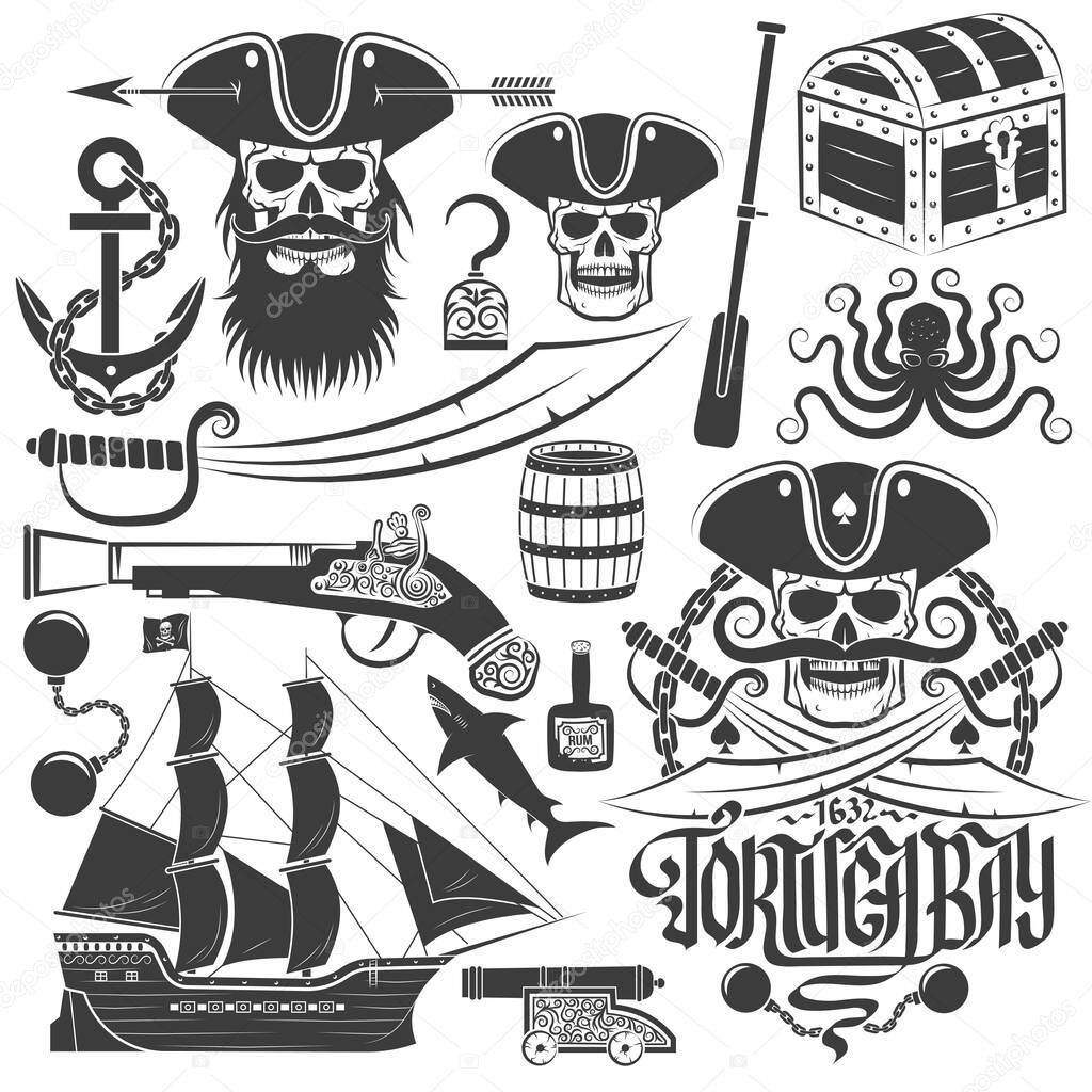 Set of elements for creating pirate logo or tattoo. An example of a pirate skull logo. Skull, tricorn, anchor, saber, old gun, barrel, chest, ship, octopus and more.
