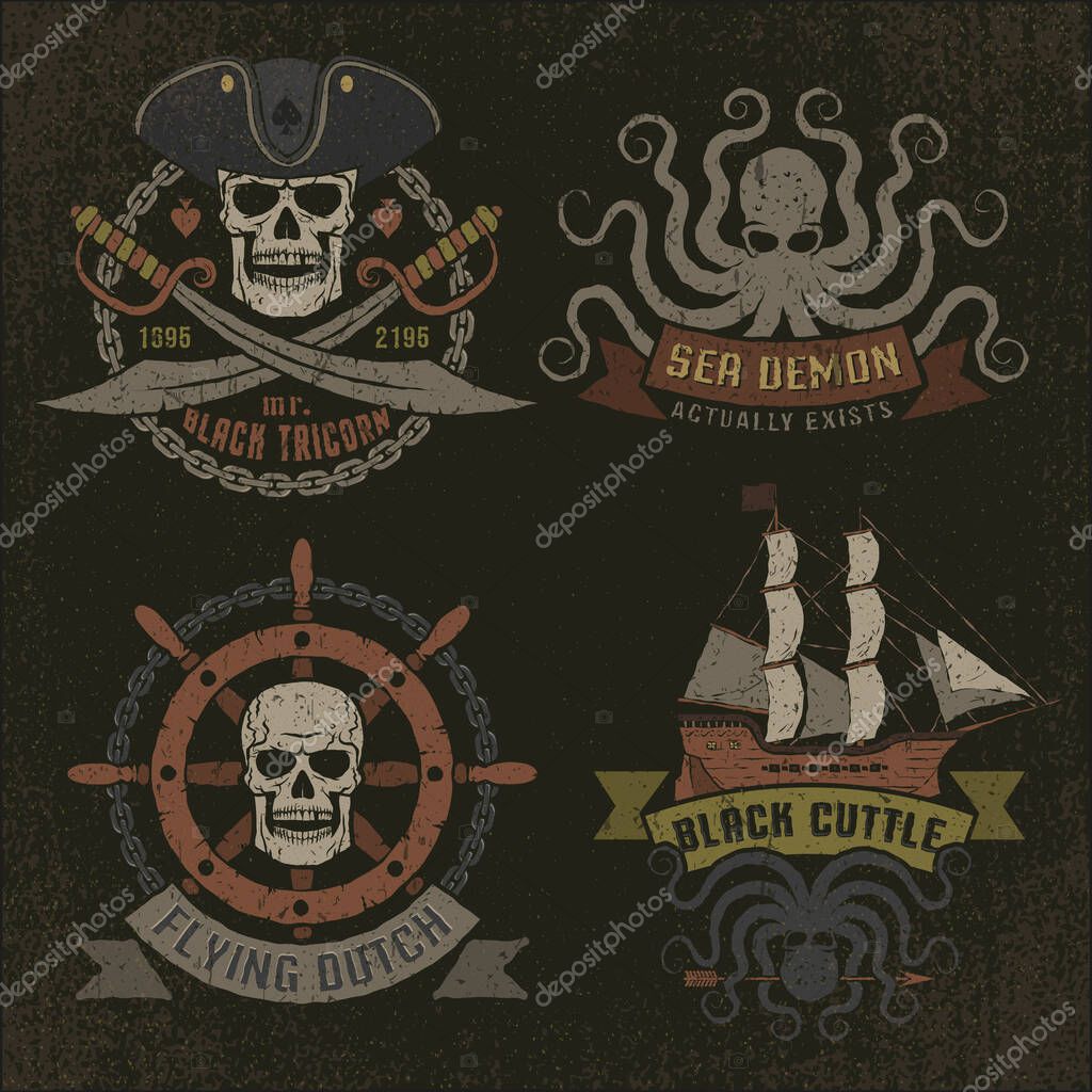 Pirate logo in retro style with grunge texture on a dark background. Texture and text on separate layers and are easily removed.