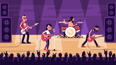 Kadın şarkıcıyla popüler rock grubu sahnede şarkı söylüyor