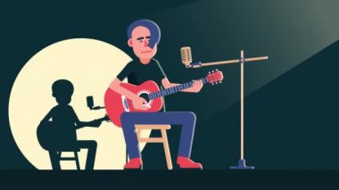 Akustik gitarlı müzisyen sahnede şarkı söylüyor.