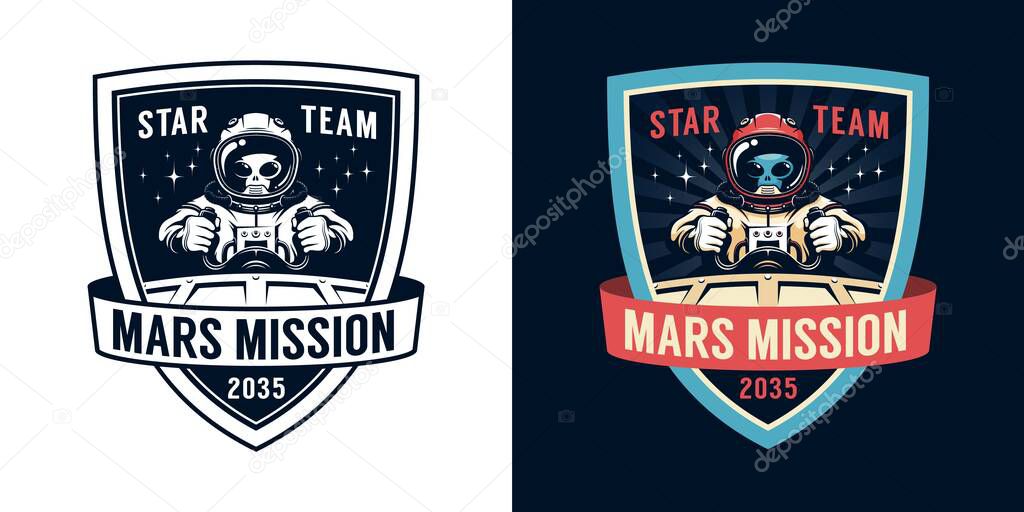 Astronaut retro emblem with alien pilot. Space badge with spaceshift pilot. Vector vintage illustration.