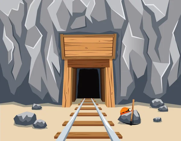 Вход в золотую шахту с рельсами — стоковый вектор