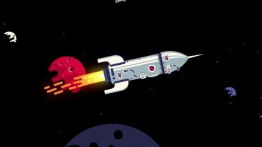 Gezegenler ve yıldızlar arasında uzayda uçan çizgi film roketleri.