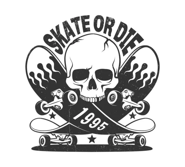 Skate ou morrer logotipo do vintage com skate e crânio — Vetor de Stock