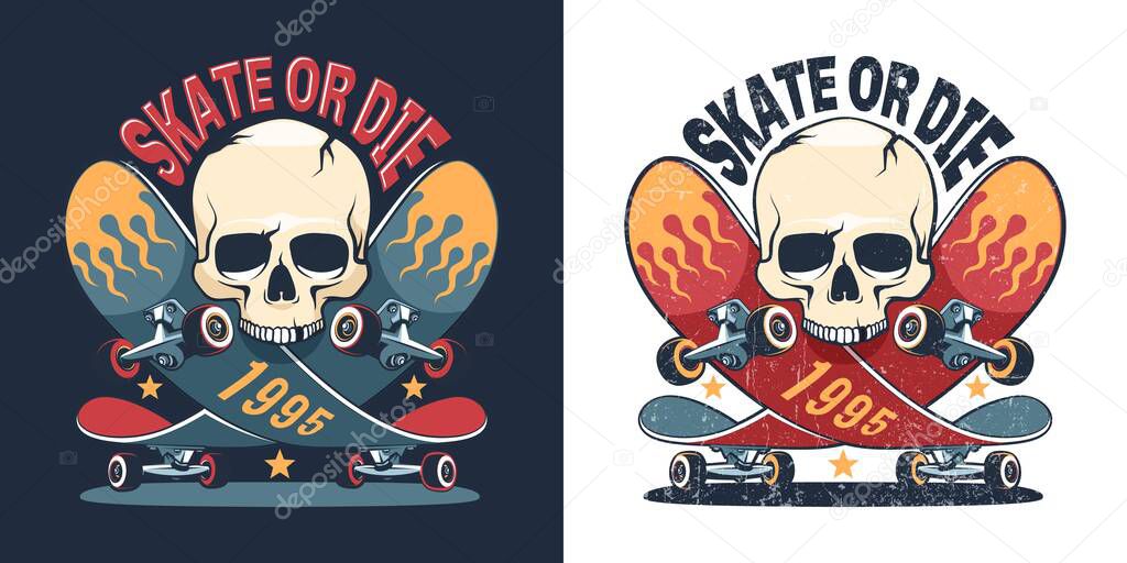 Skateboard and skull retro logo