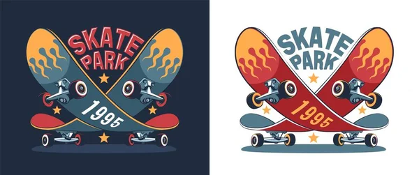 Skate park retro logotyp med roliga skateboard — Stock vektor