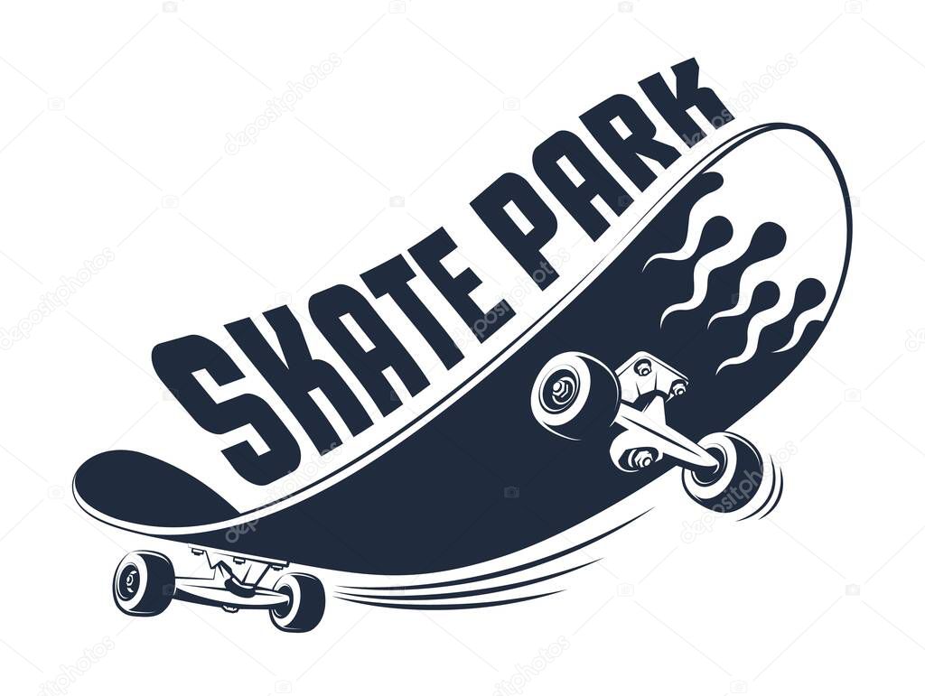 Funny skateboard. Skate park vintage logo. Skateboarding retro emblem. Vector illustration.