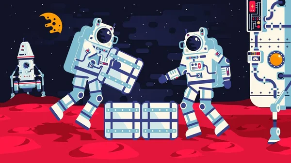Αστροναύτες στην επιφάνεια του Άρη ξεφορτώνουν φορτίο. — Διανυσματικό Αρχείο