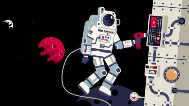 Космонавт в открытом космосе ремонтирует космический корабль на звездном фоне — стоковое видео