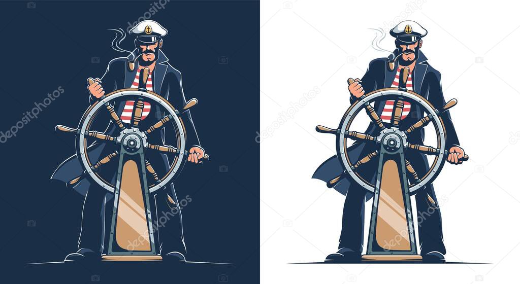 Sailor in captain uniform at the helm of the ship