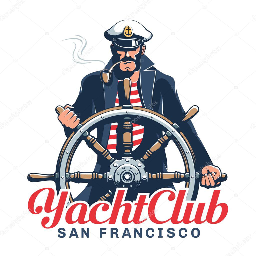 Captain hold helm - yacht club emblem. Sailor logo with seaman helmsman. Vector illustration.