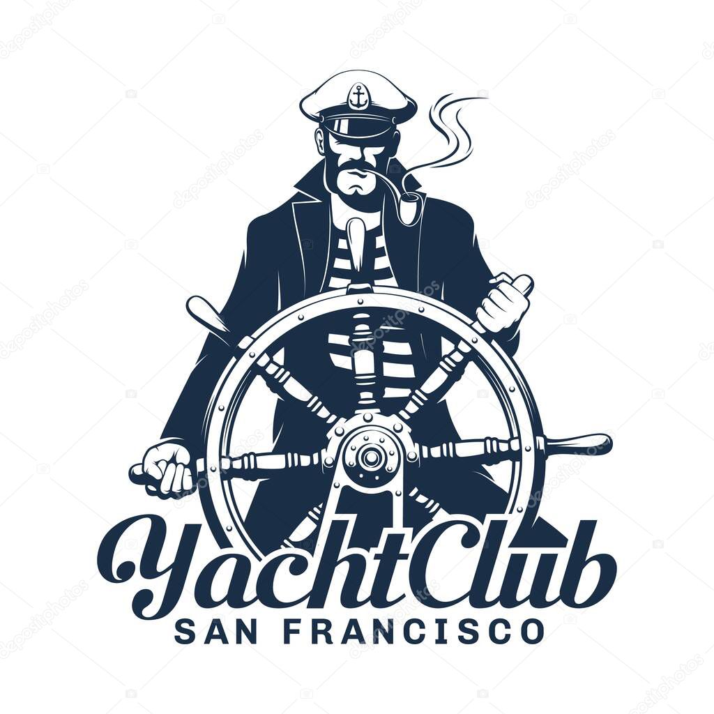 Yacht club logo with seaman helmsman. Captain hold helm - sea emblem. Vector illustration.