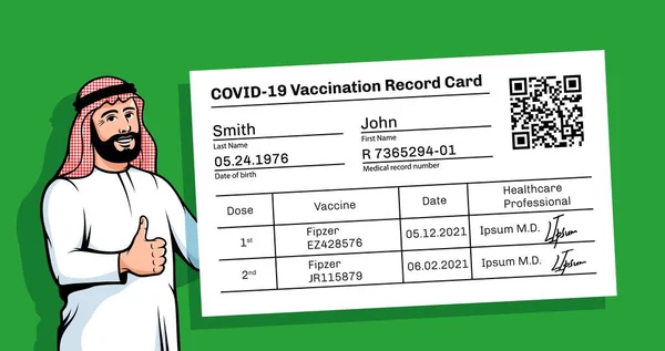 持有疫苗接种证书的阿拉伯人 — 图库矢量图片