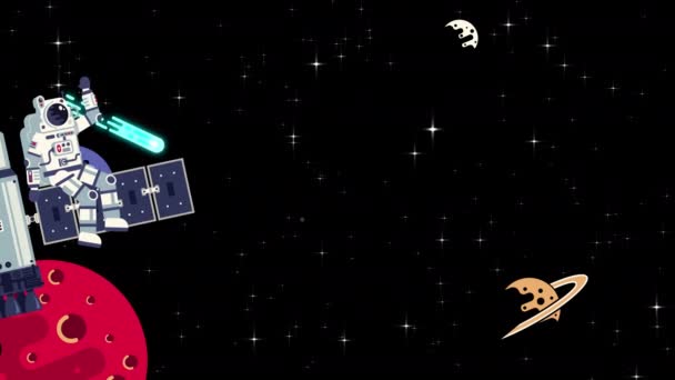 Astronauta con un satélite en el espacio abierto — Vídeos de Stock