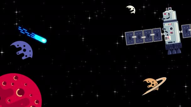 Space station flying among planets and stars — Video