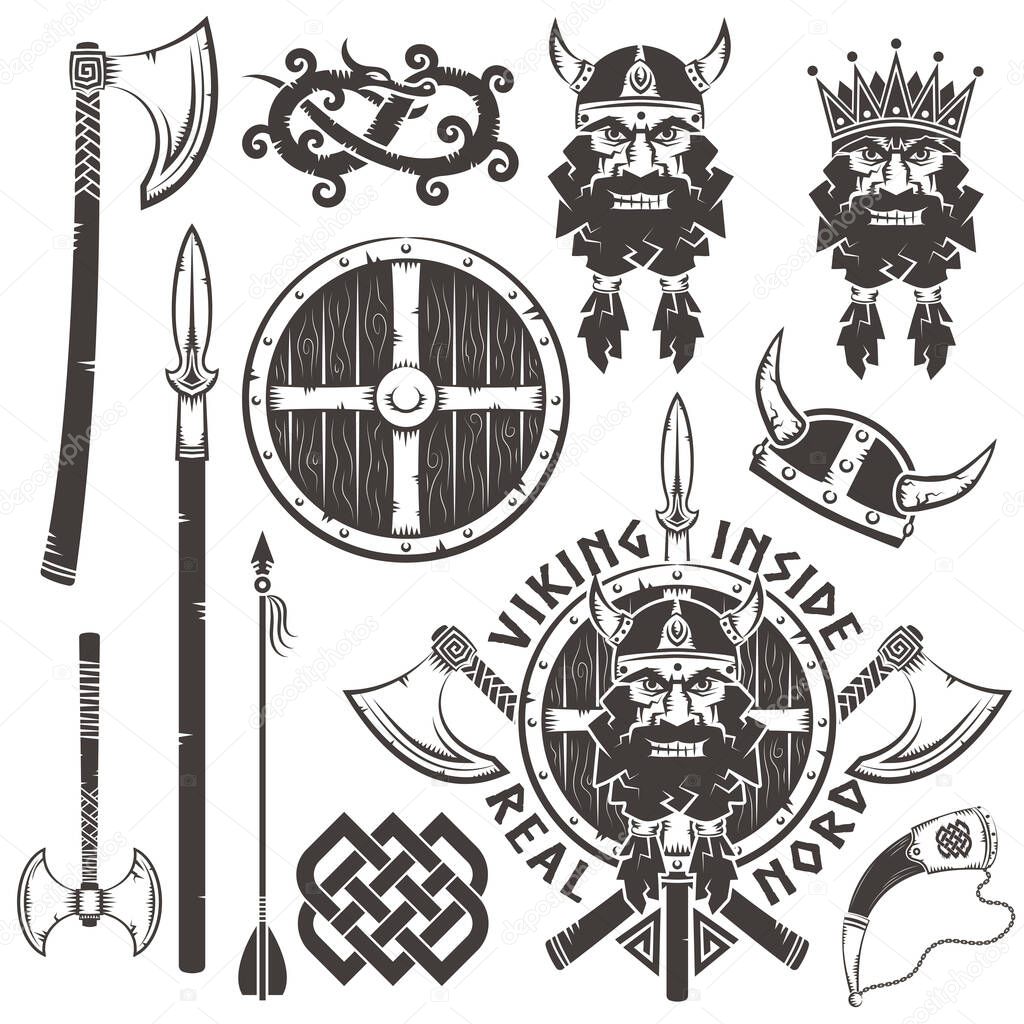 Viking logo with warrior head, crossed axes, spear and shield. Set of elements for viking emblem.