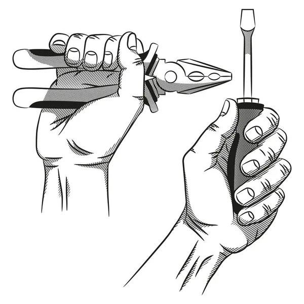 Hand med tång och hand med skruvmejsel — Stock vektor