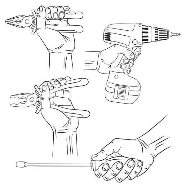 Mãos com ferramentas - esboçar desenhos realistas —  Vetores de Stock