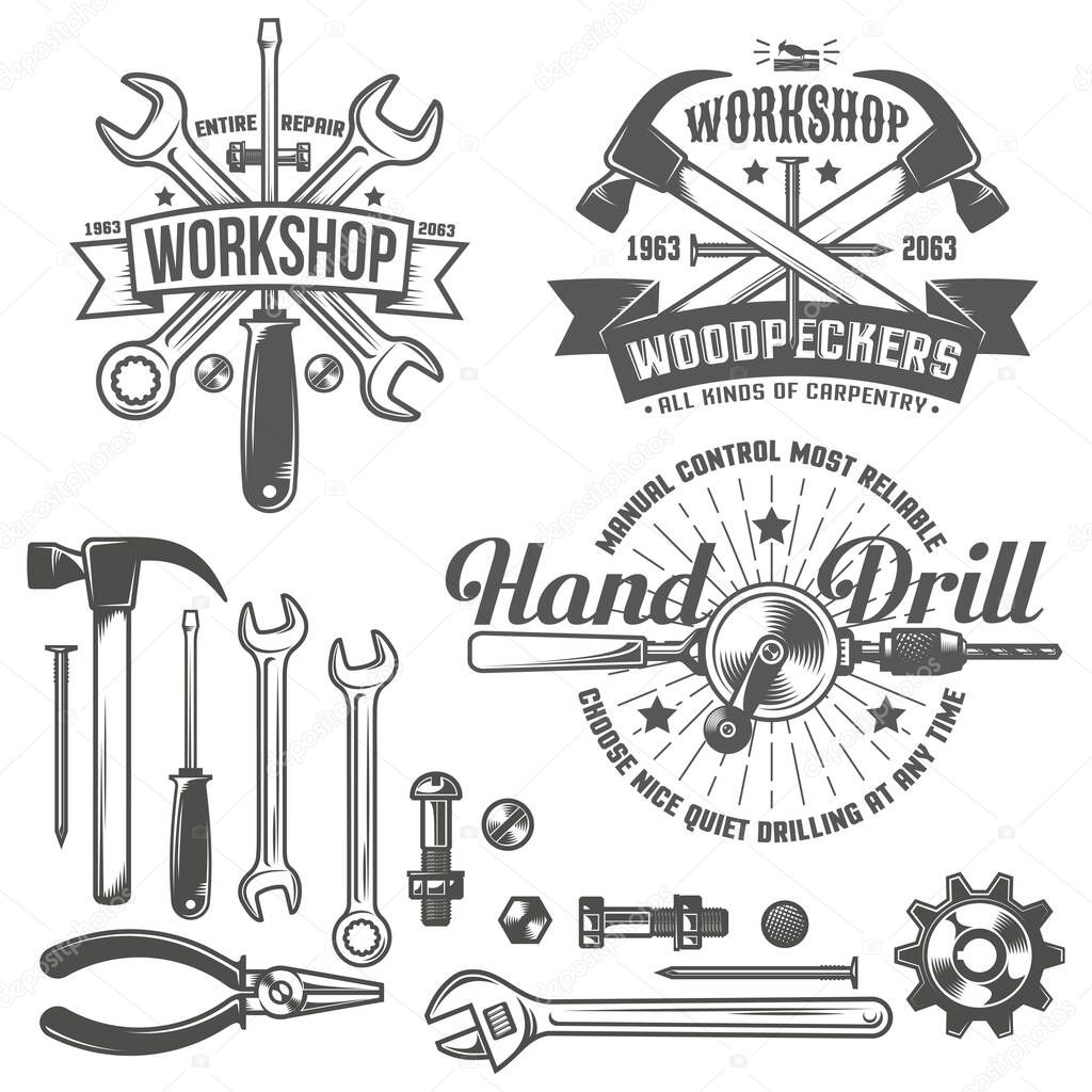 Vintage emblem repair workshop and tool shop in vintage style. Working tools. Text on a separate layer - easy to replace.