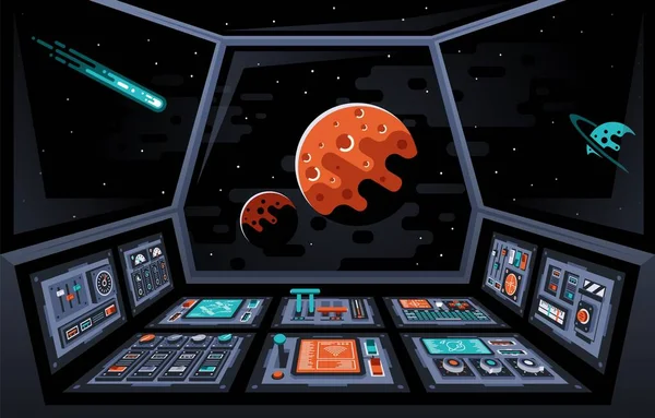 Dashboard van het bedieningspaneel in het interieur van het ruimteschip — Stockvector