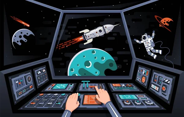 Painéis de controle e vista do cockpit da nave espacial —  Vetores de Stock
