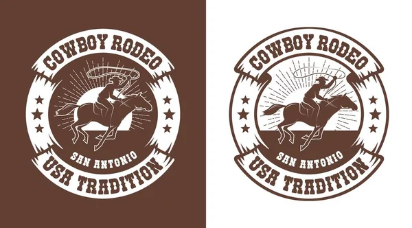 Kovbojský jezdec s lassem - západní rodeo vintage emblem — Stockový vektor