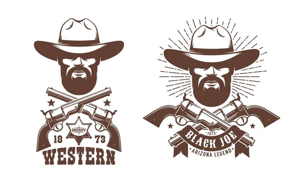 Cowboy barbudo de chapéu com armas cruzadas logotipo retro —  Vetores de Stock