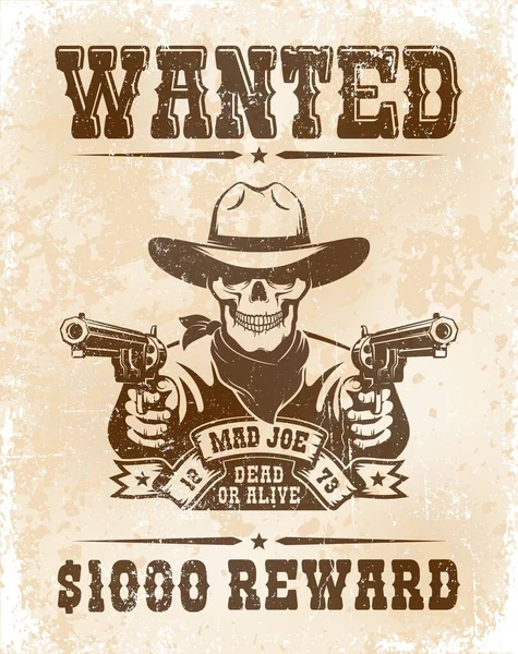 Gezocht poster met schedel cowboy met geweren — Stockvector