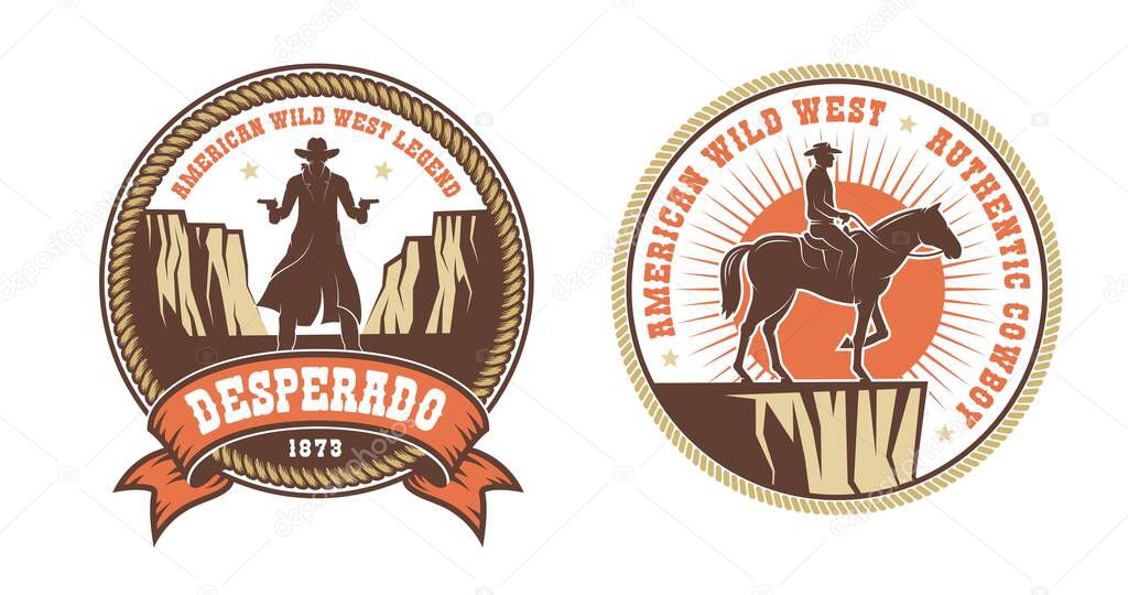 Western American logo with cowboy bandit and horse rider. Vector illustration.