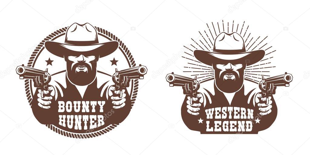 Western cowboy with beard and two guns - retro emblem