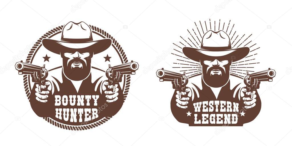 Western cowboy with beard and two guns - retro emblem. Wild west man with pistols. Vector illustration.
